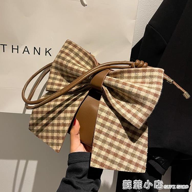 側背包 小眾設計包包新款潮休閒蝴蝶結女包格子單肩包復古百搭斜挎包 全館免運