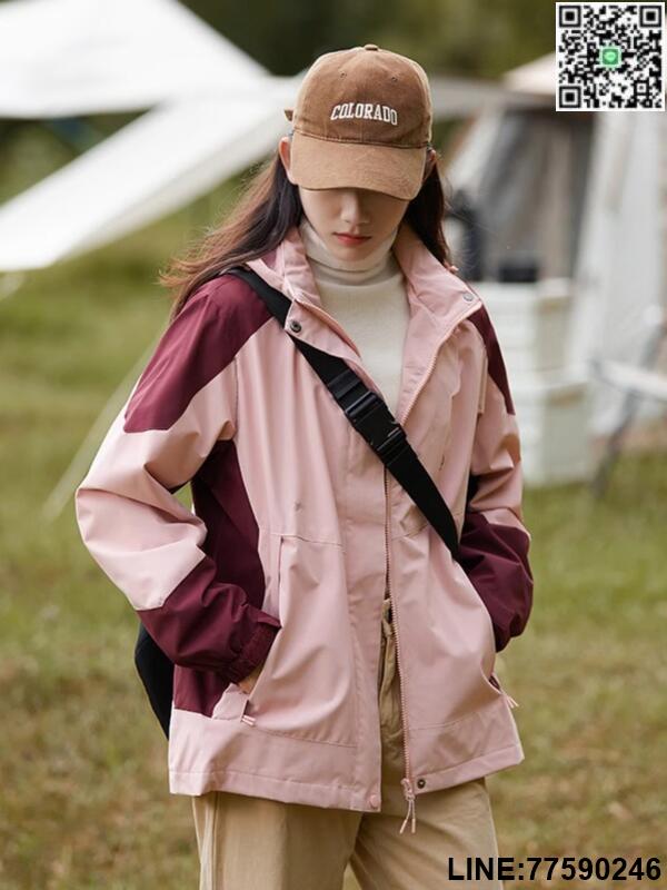 【歡樂購】拼色連帽沖鋒衣女士2024秋季新款戶外透氣徒步登山服上衣情侶外套
