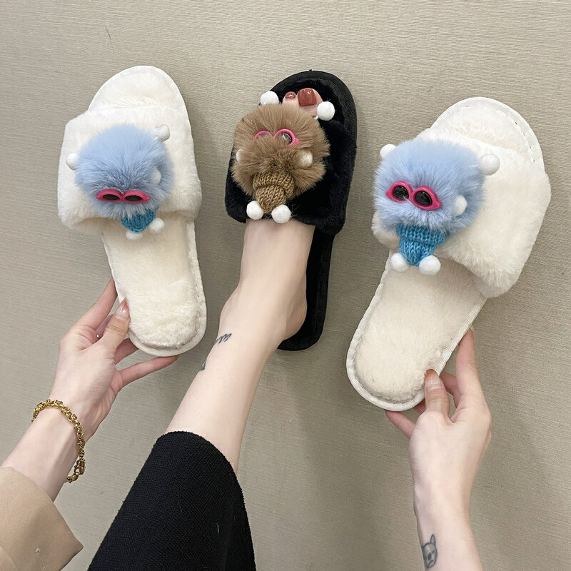 怪獸精靈女棉拖室內2021秋冬平底保暖卡通可愛地板拖搞怪一字拖鞋