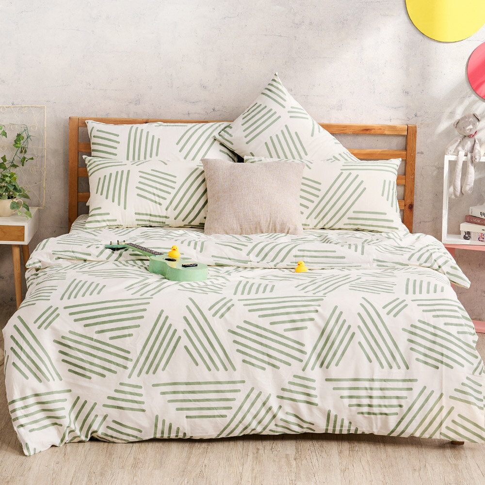 床包枕套組-單人/雙人/加大 / 精梳純棉 / 綠條三角 台灣製 1