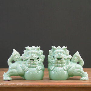 中式冰裂釉工藝擺件中劍陶瓷獅子 一對陶瓷器家居家裝飾品