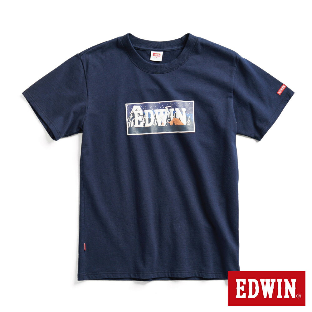 EDWIN 露營系列 富士山腳營地LOGO印花短袖T恤-男款 丈青色