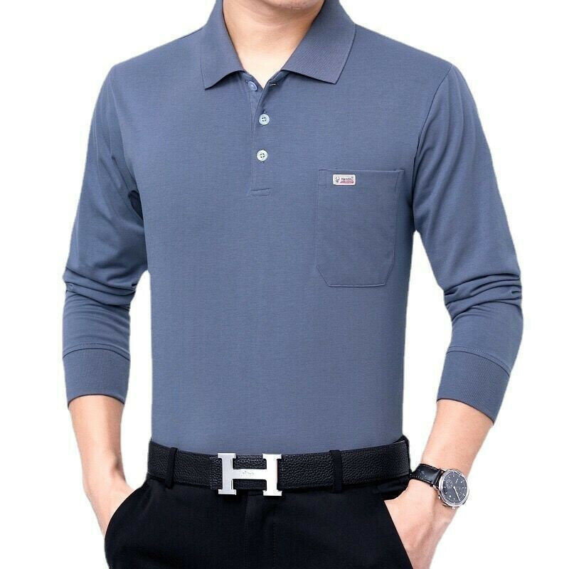 中老年翻領POLO衫男|77.5公斤男裝上衣|春秋長袖打底衫|寬鬆條紋POLO衫|印花長袖打底衫男|休閒翻領POLO衫