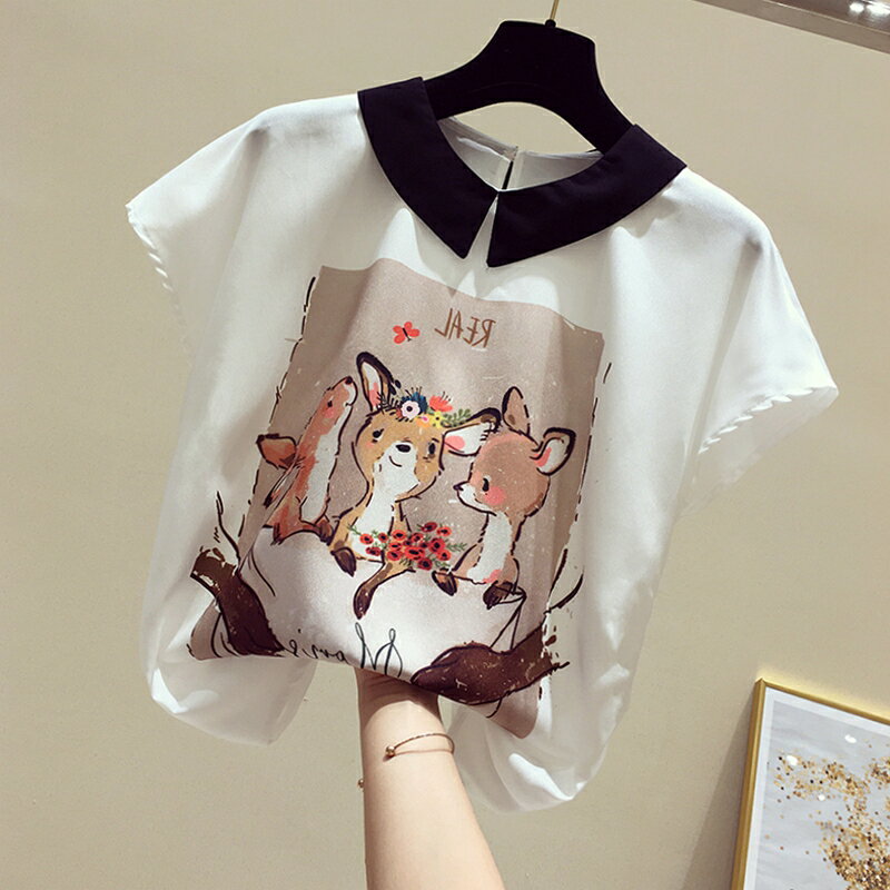 品牌折扣店正品女裝剪標專櫃撤櫃清倉夏季娃娃領印花雪紡衫上衣女