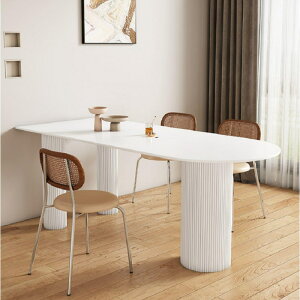 餐桌 奶油純白島臺巖板餐桌椅組合半圓形飯桌小戶型靠墻餐桌