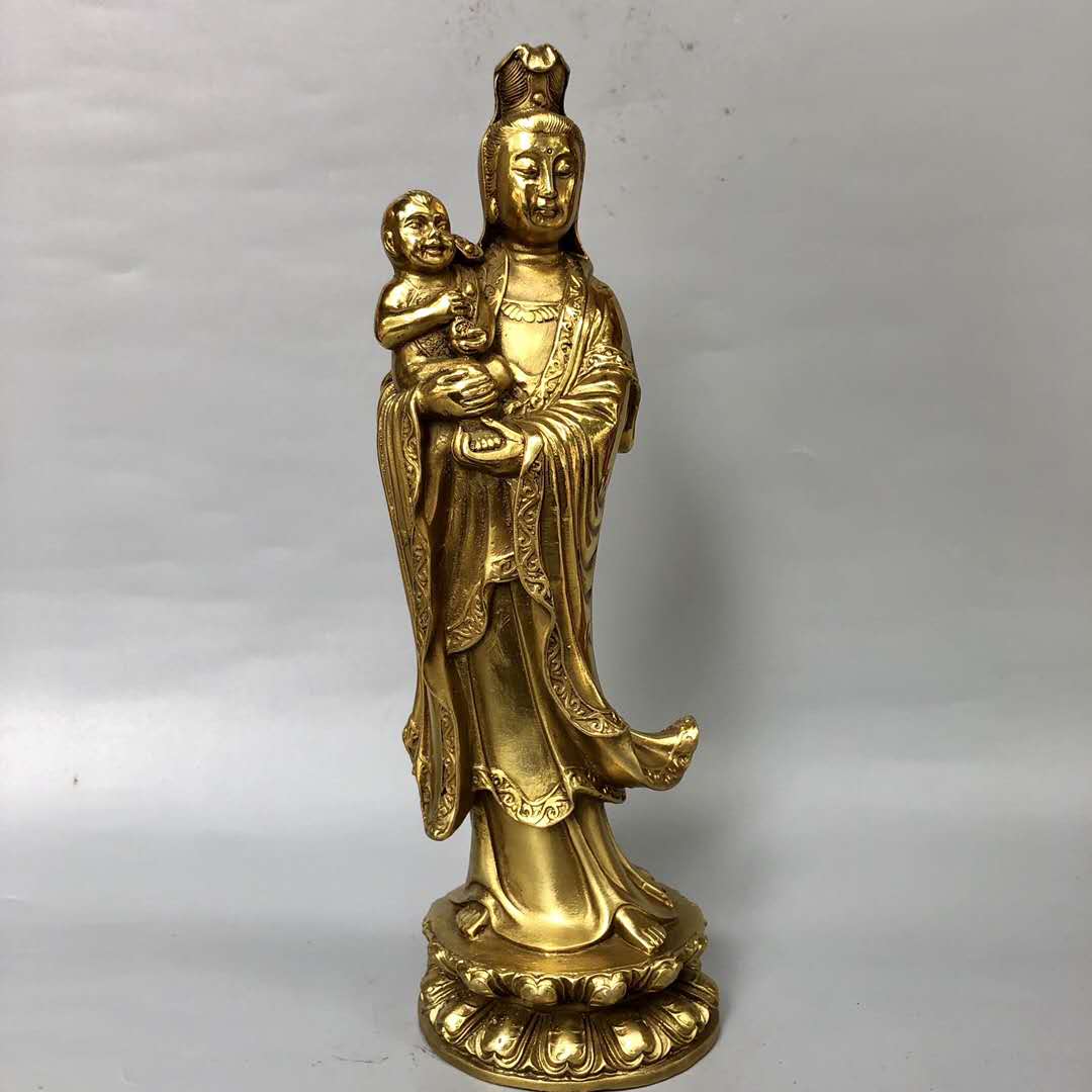 中式銅送子觀音銅佛像純銅蓮花如意觀音佛像增子添福客廳家居供奉