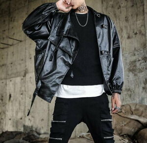 FINDSENSE品牌2018 新款 韓國 長袖 潮流上衣 純色 嘻哈 拉風 大碼 休閒 皮衣 男士 外套