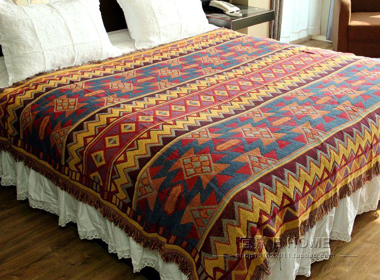 高檔外貿美式復古幾何棉線編織線毯針織沙發巾 波西米亞床蓋毯子