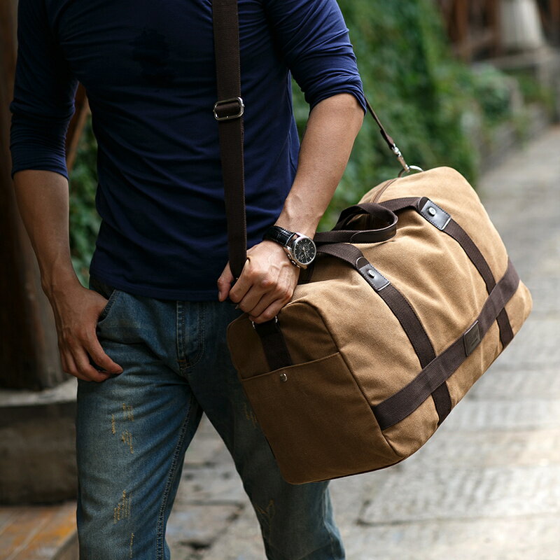 旅行收納包 單肩斜挎包手提包男士帆布出差旅行旅游大容量裝衣服的行李包背包-快速出貨
