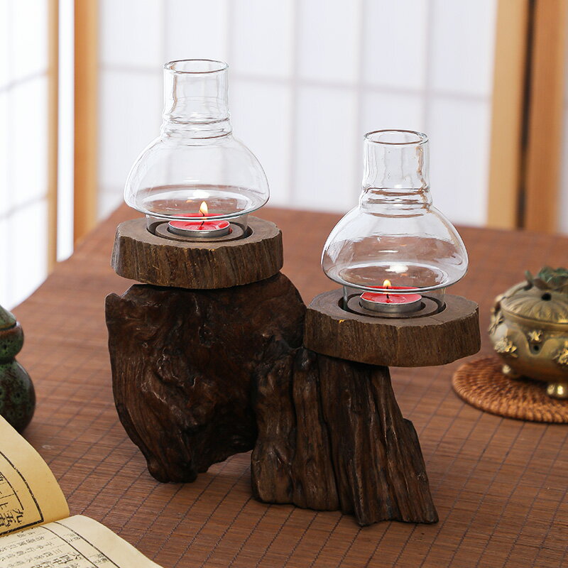 復古懷舊木質創意三頭燭臺裝飾擺件 餐桌創意歐式燭光晚餐蠟燭臺