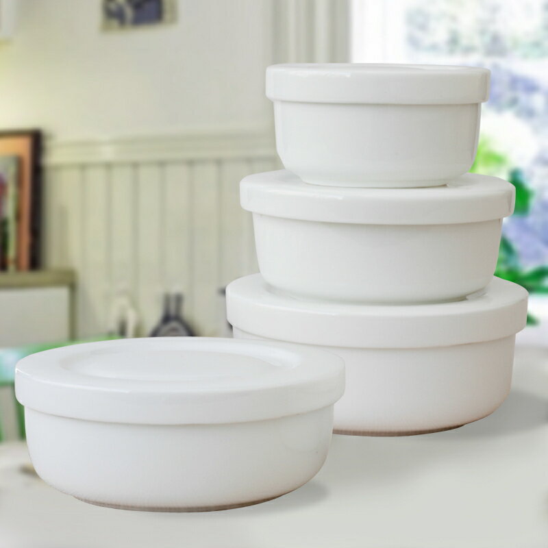 純白韓式風格骨瓷保鮮碗加蓋陶瓷碗帶蓋微波爐冷藏陶瓷碗套裝