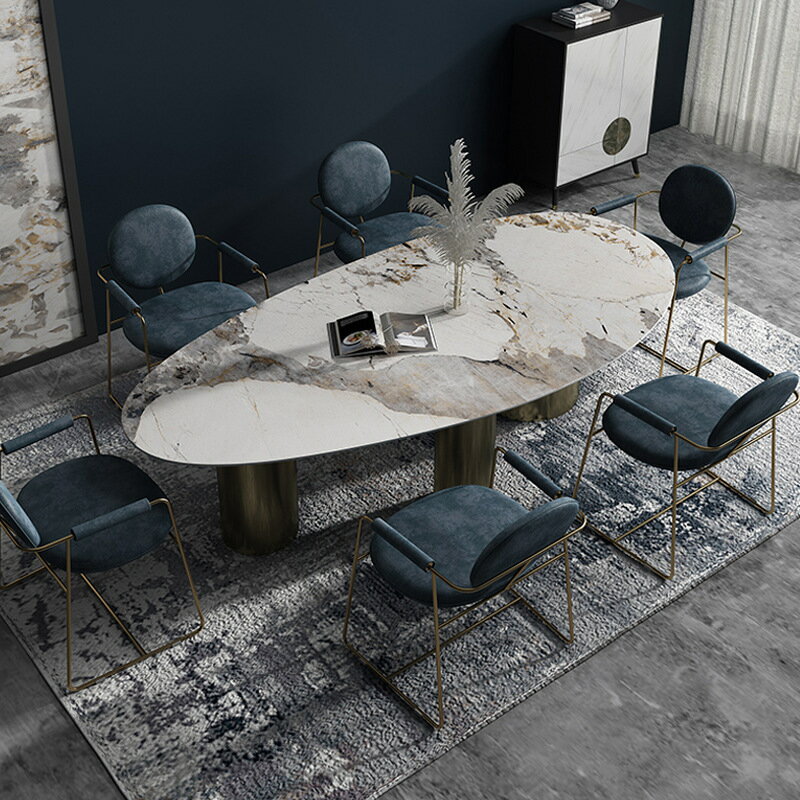 設計師潘多拉亮光極簡巖闆餐桌椅組合簡約現代輕奢高檔橢圓形餐颱