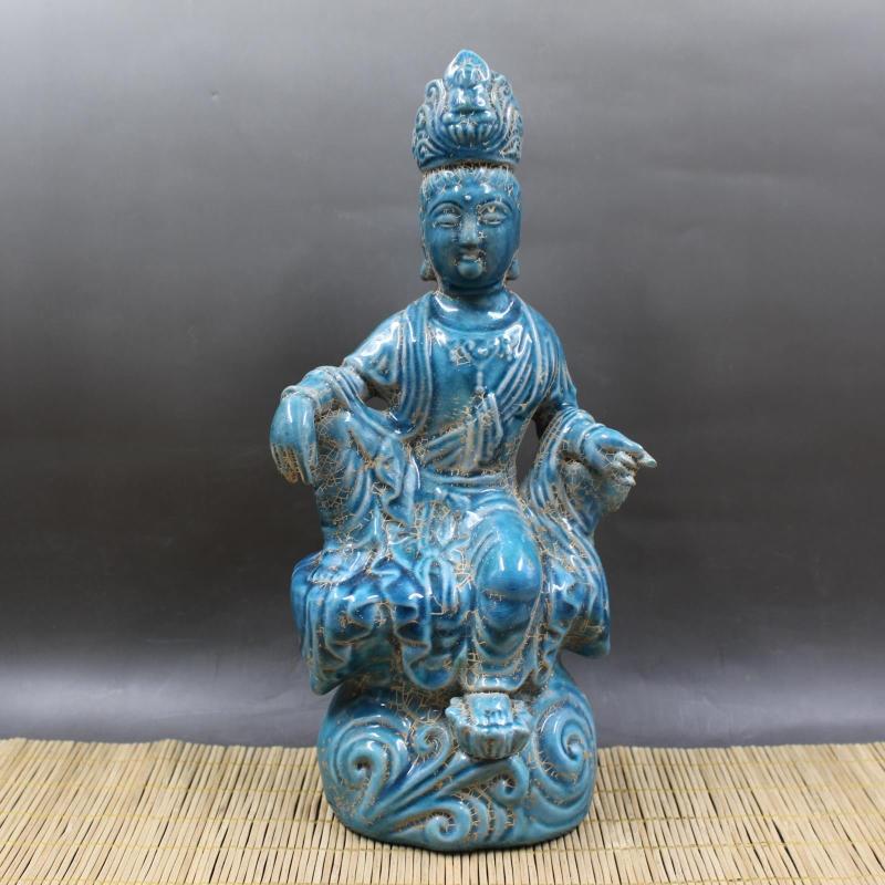 後周柴窯雕刻觀音像 手工仿古老貨出土瓷器擺件 古董古玩收藏1入