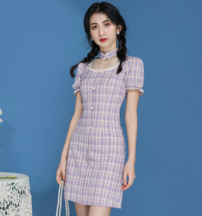 改良版少女格子旗袍年輕款文藝蝕骨法式連衣裙俏皮可愛甜美裙