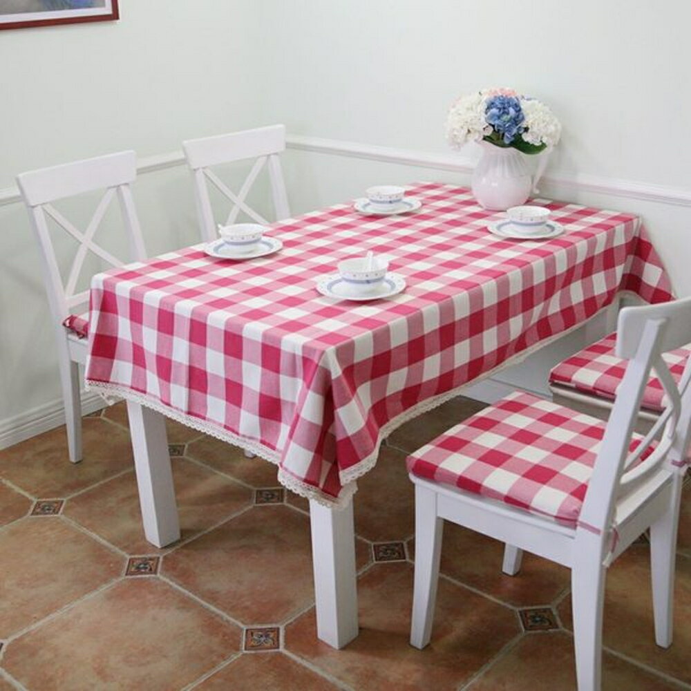 ✤宜家✤高檔美式鄉村小清新紅色格子蕾絲邊棉麻桌布 茶几 野餐布 餐桌布
