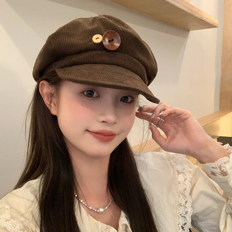 復古文藝燈芯絨報童帽子女2023新款貝雷帽顯臉小畫家帽秋冬