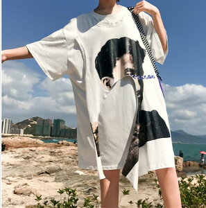 FINDSENSE H1 2018 夏 韓國 個性破洞 假兩件 人物印花 中長款 純棉 女短袖 T恤 寬松 百搭上衣潮
