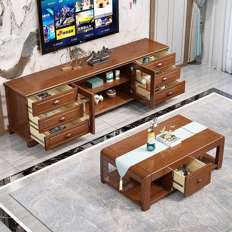 新中式全實木電視柜茶幾組合現代簡約橡木小戶型客廳臥室北歐地柜