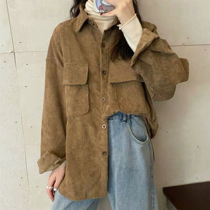 外套 女裝 休閒外套 時尚外套 保暖外套  女百搭寬鬆秋冬厚款燈芯絨襯衫外穿襯衣外套女小眾上衣春秋長袖 2