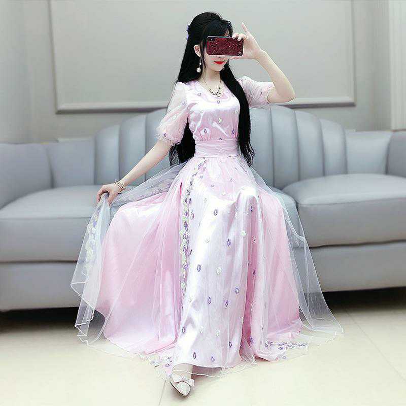 粉色花朵刺繡連衣裙年夏季新款女裝繡花修身氣質漢服長裙子