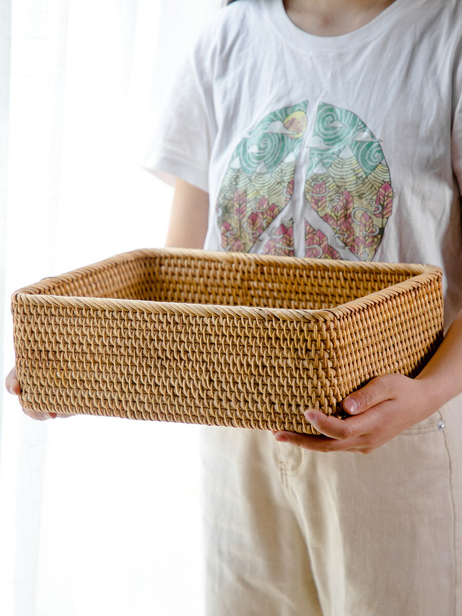 越南藤編收納筐桌面雜物零食玩具收納籃家用長方形日式編織置物籃