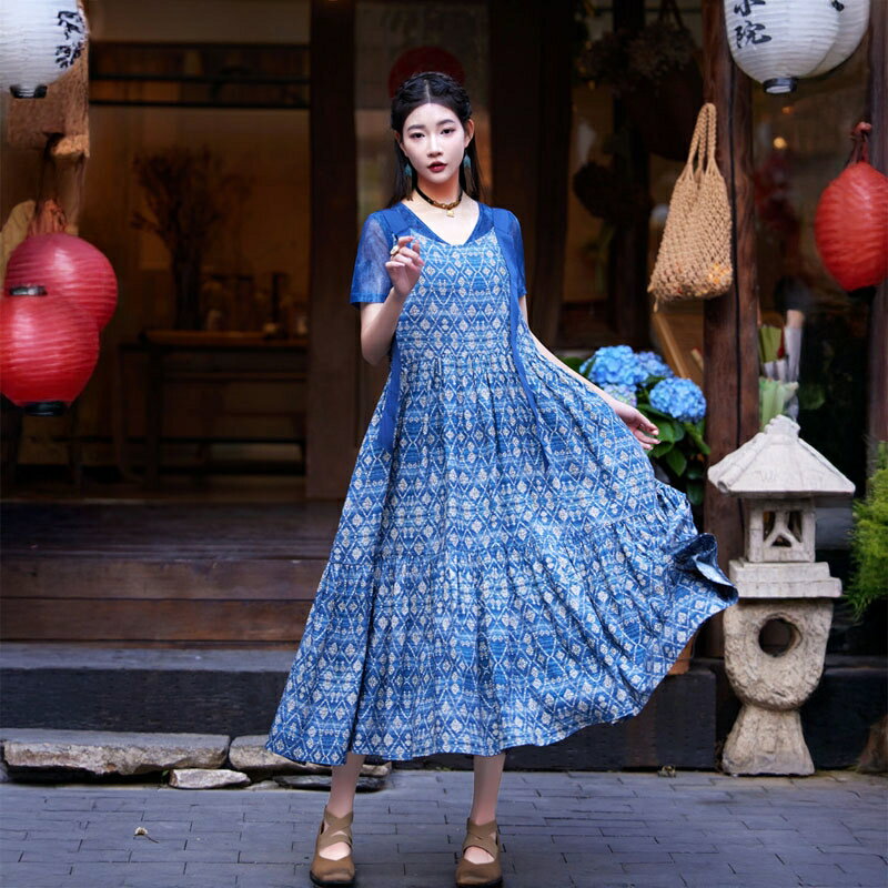 現貨+預購 新中式吊帶裙連身裙亞麻長裙(氣質天絲寬鬆印花女裙子74ku76)【獨家進口】【米蘭精品】