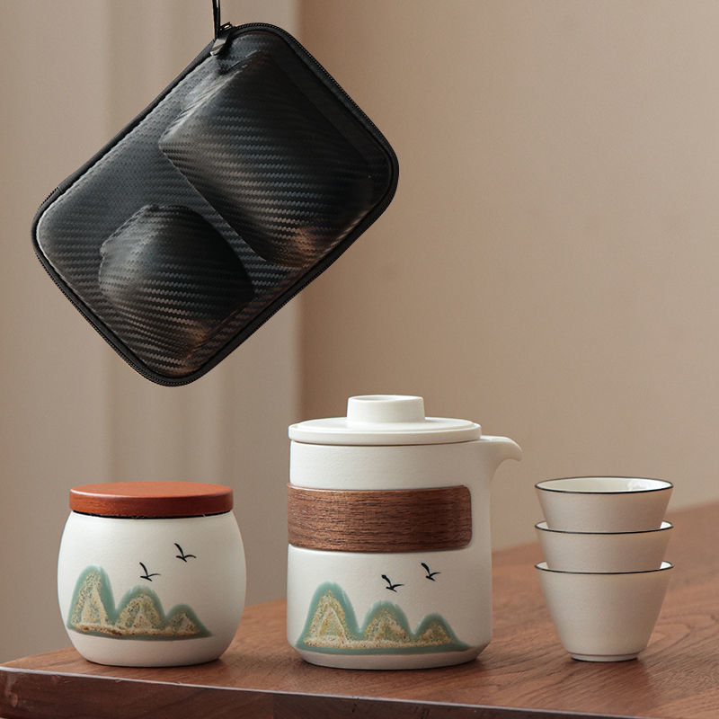 旅行茶具 快客杯 快客杯陶瓷中式便攜旅行茶具創意車載功夫茶具復古收納包一壺三杯