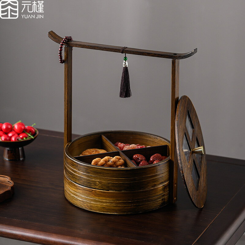 快速出貨 附發票 新中式乾果茶點心堅果盤多層家用實木手提分格乾果盒