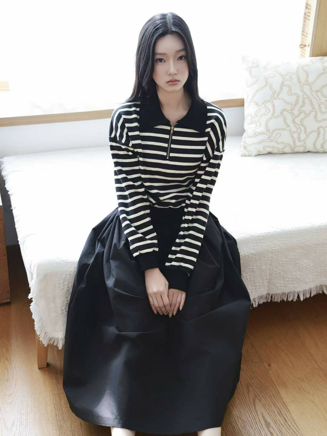 韓國東大門正品 秋冬純棉 條紋 假兩件 長袖polo衫領 洋裝 連身裙 連衣裙