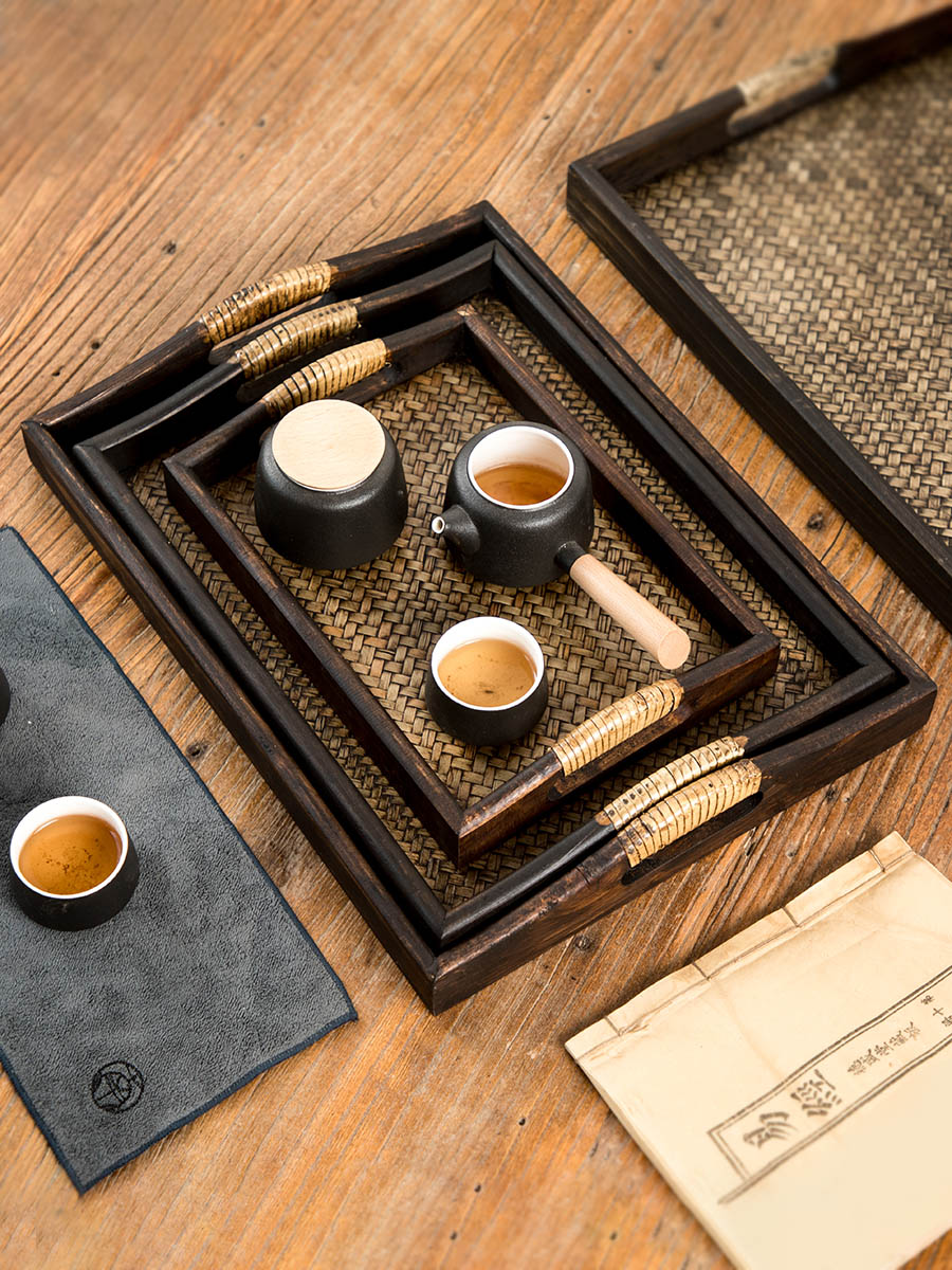 泰國茶盤美容院藤編放茶杯長方形小托盤家用木質復古竹編茶托盤