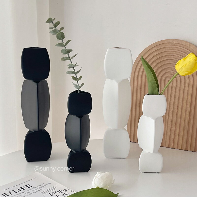 創意簡約黑白色陶瓷花瓶插花北歐風格裝飾擺件幾何不規則異形花器