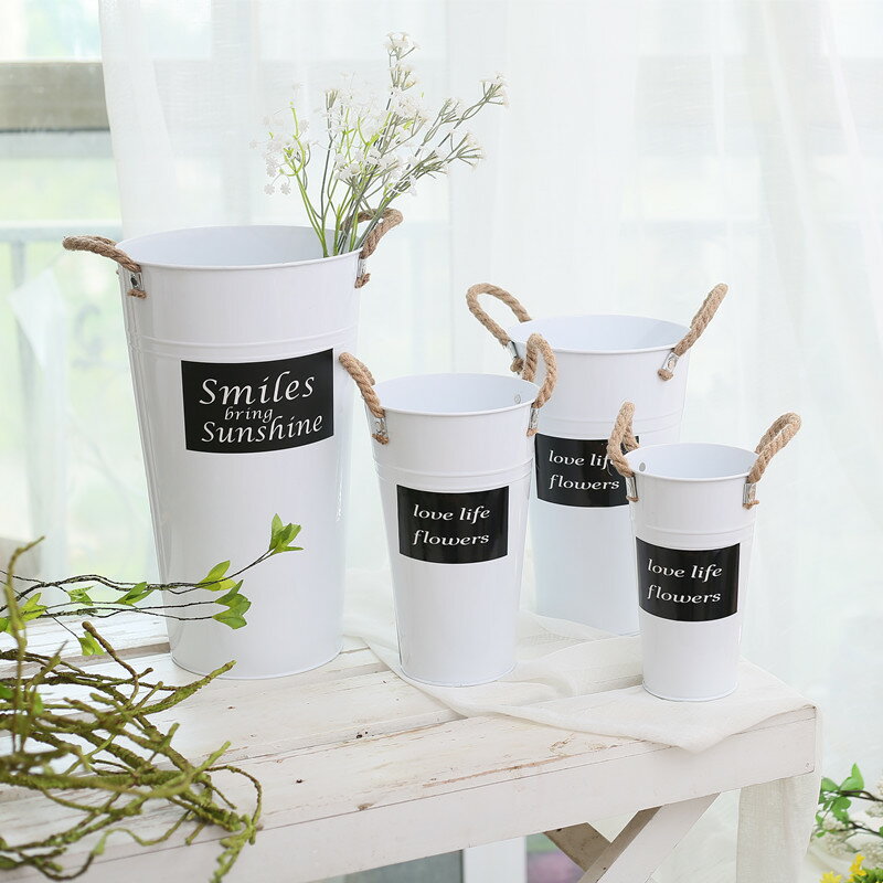 簡約白色貼標鐵皮花桶花店鮮花桶客廳家用醒花桶創意落地花器花瓶