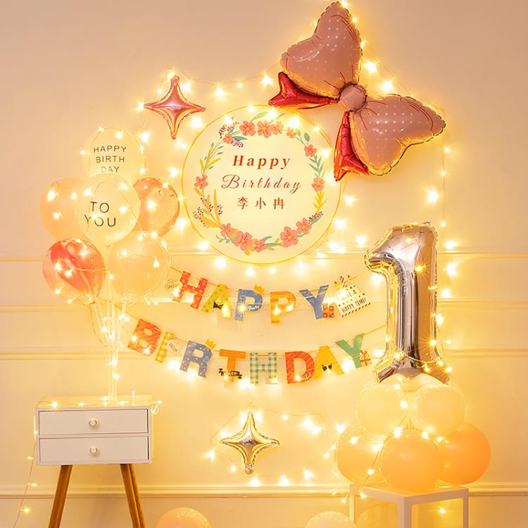 網紅女孩周歲男女寶寶燈氣球套餐女童生日裝飾場景布置背景墻定制 免運