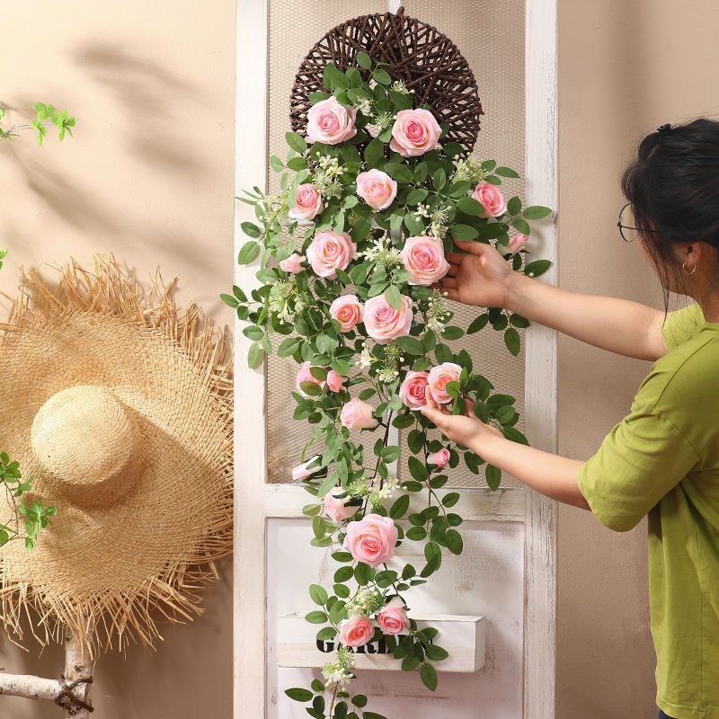 免運 公司貨 仿真花擺件 裝飾品 假花 盆栽 裝飾花藤 模擬玫瑰壁掛花藤蔓掛墻綠植室內客廳假花垂吊蘭藤條陽臺花園裝飾