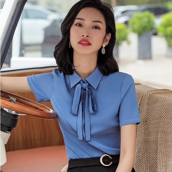 滾邊襯衫領OL短袖莫蘭迪色襯衫上衣[9S089-PF]灰姑娘