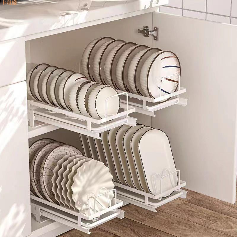 櫥柜抽拉式碗碟置物架廚房抽屜碗盤收納架小型拉籃窄款瀝水碗碟架餐具收納架