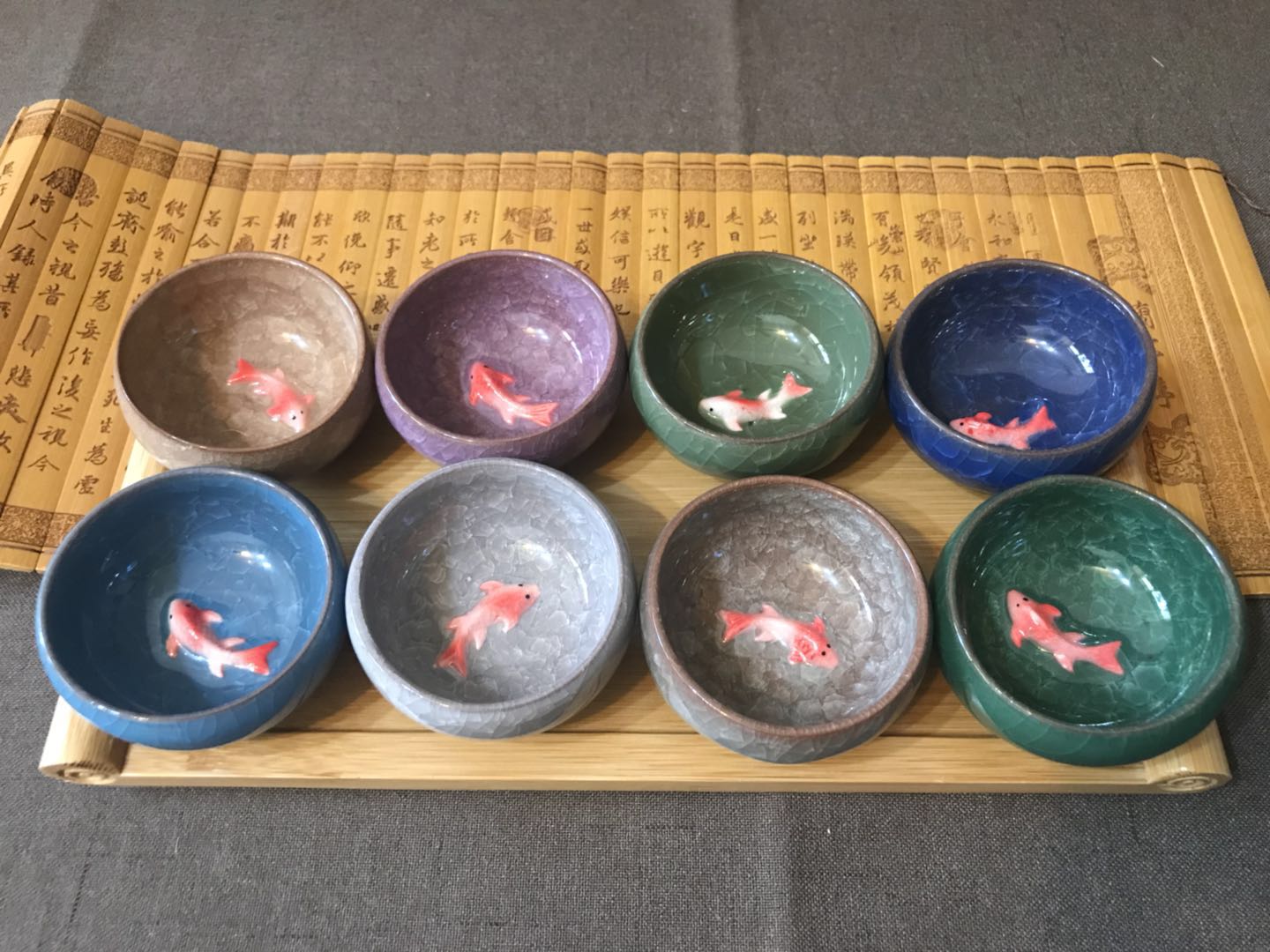 【冰裂釉】冰裂紋八色鯉魚陶瓷杯組