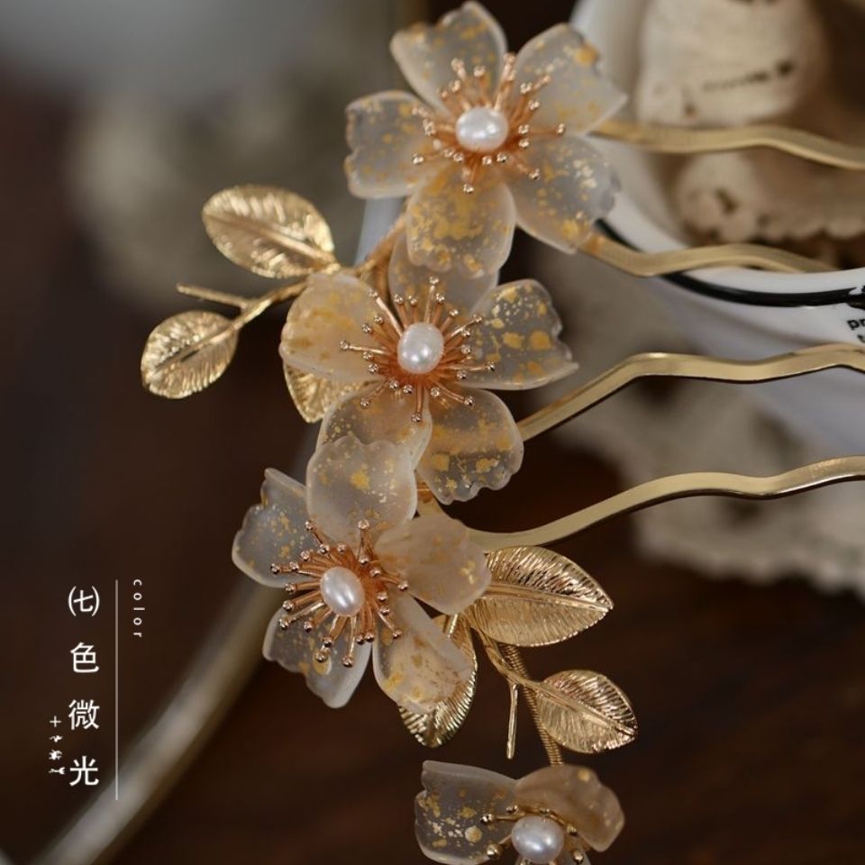 發梳插梳 旗袍 中國風配飾琉璃花朵發簪 珍珠頭飾百搭丸子頭發飾 z8093