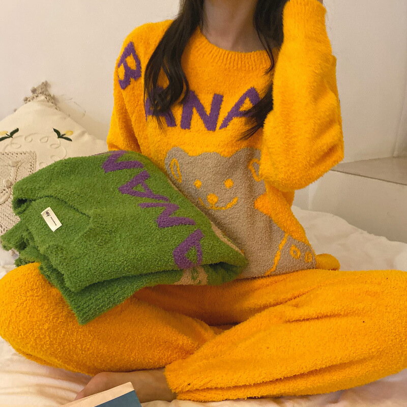 加厚珊瑚絨睡衣女士秋冬季軟綿綿法蘭絨卡通可愛家居服可外穿套裝