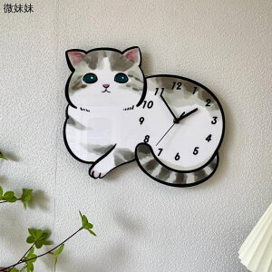 小貓咪卡通時鐘 創意個性裝飾掛牆時鐘 實木質掛鐘 貓咖幼兒園客廳裝飾 房鐘錶