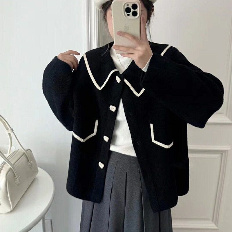 現貨+預購 針織外套長袖毛衣-翻領幾何邊氣質雙面呢針織女外套2色74jl82【獨家進口】【米蘭精品】 1