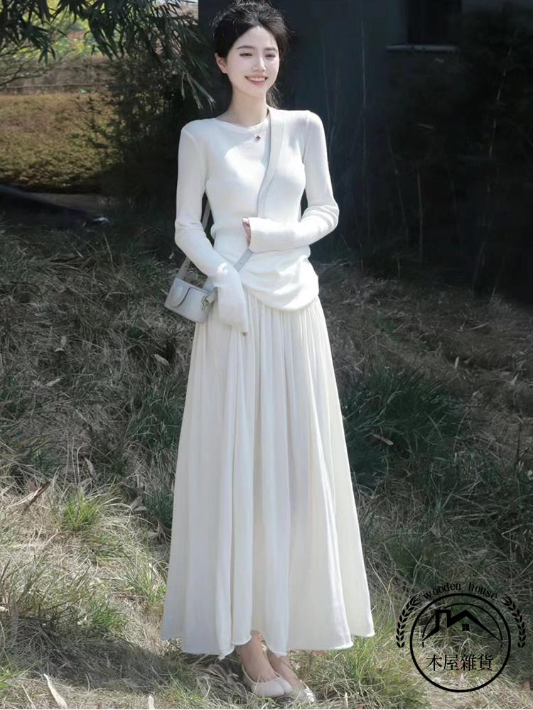 白色半身裙夏季2024新款高腰a字顯瘦中長款小個子百褶氣質長裙【木屋雜貨】