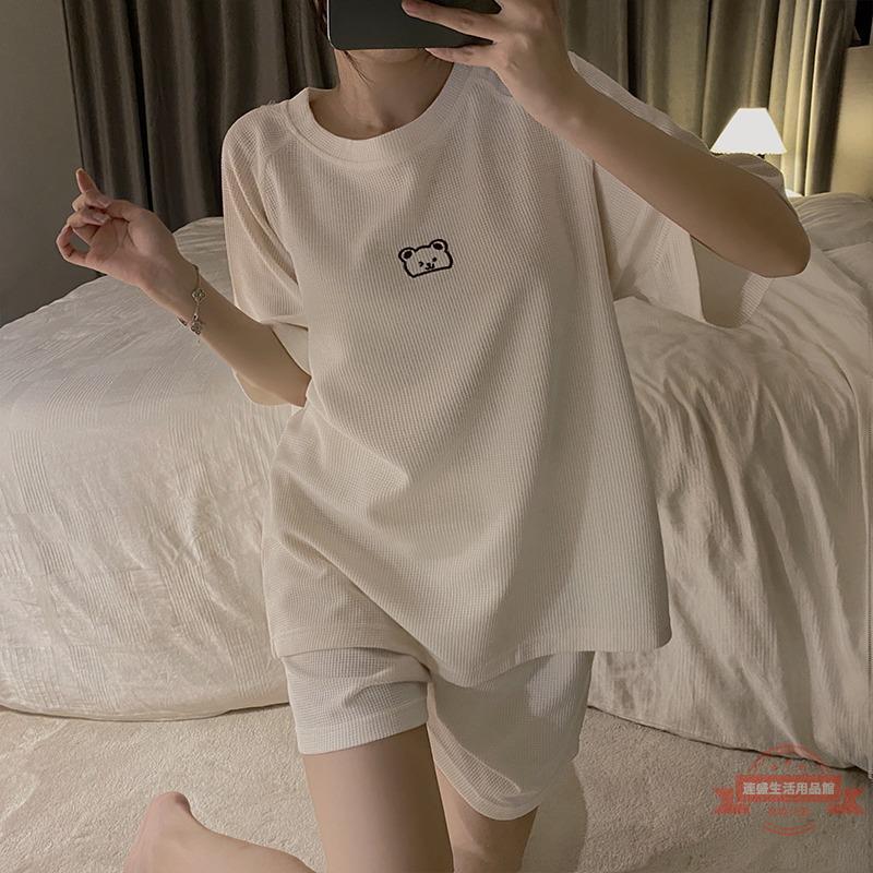 純棉睡衣女短袖短褲簡約純色高階感ins可愛卡通全棉家居服兩件套