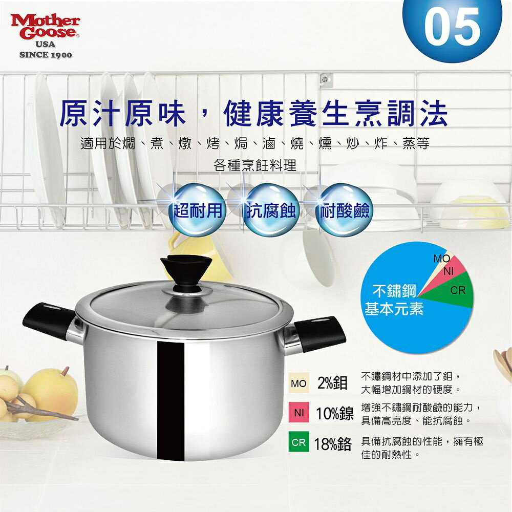【美國MotherGoose 鵝媽媽】醫療級316 比爾不鏽鋼IH導磁湯鍋22cm 7