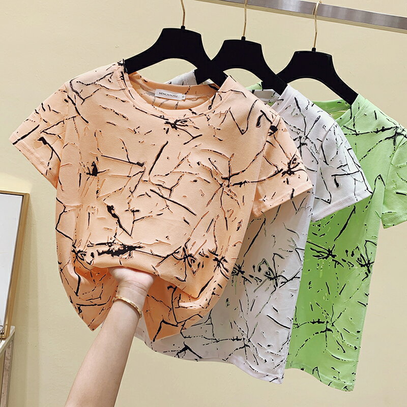 夏季網紗個性鏤空上衣女韓版新款圓領寬松3D重工短袖t恤衫潮