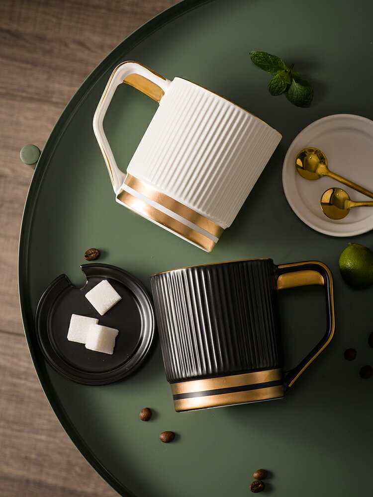 簡約描金馬克杯帶蓋北歐創意黑白陶瓷早餐杯大容量咖啡杯水杯家用