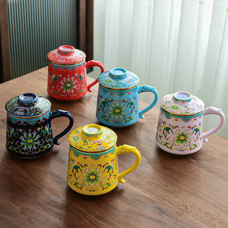 馬克杯茶水分離杯琺瑯彩老板杯手工陶瓷辦公水杯家用帶蓋過濾茶杯