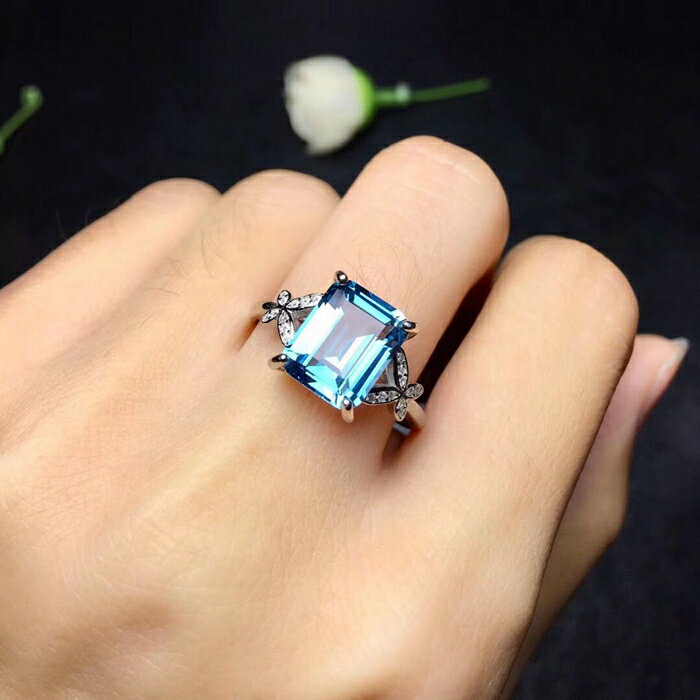 S925純銀海藍寶石托帕石藍鋯石長方形戒指蝶形氣質女款禮物鍍白金