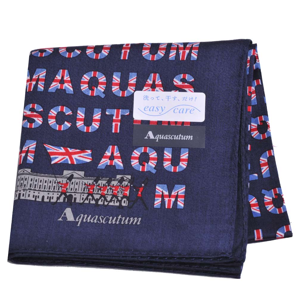 Aquascutum 品牌字母英國旗圖騰LOGO優雅帕領巾(深藍系)