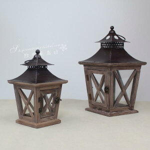 涼亭斜邊風燈蠟燭臺木質鐵蓋歐式復古軟裝品擺件裝飾品拍攝道具